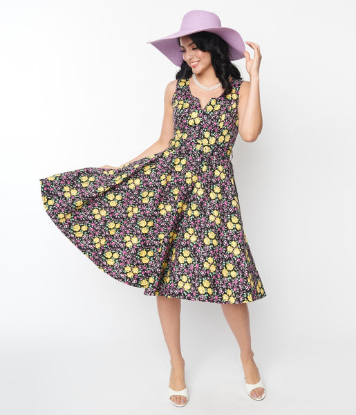 Elasticized Waistline Scoop Neck Belted Pocketed Back Zipper Sleeveless Floral Print Swing-Skirt Dress
