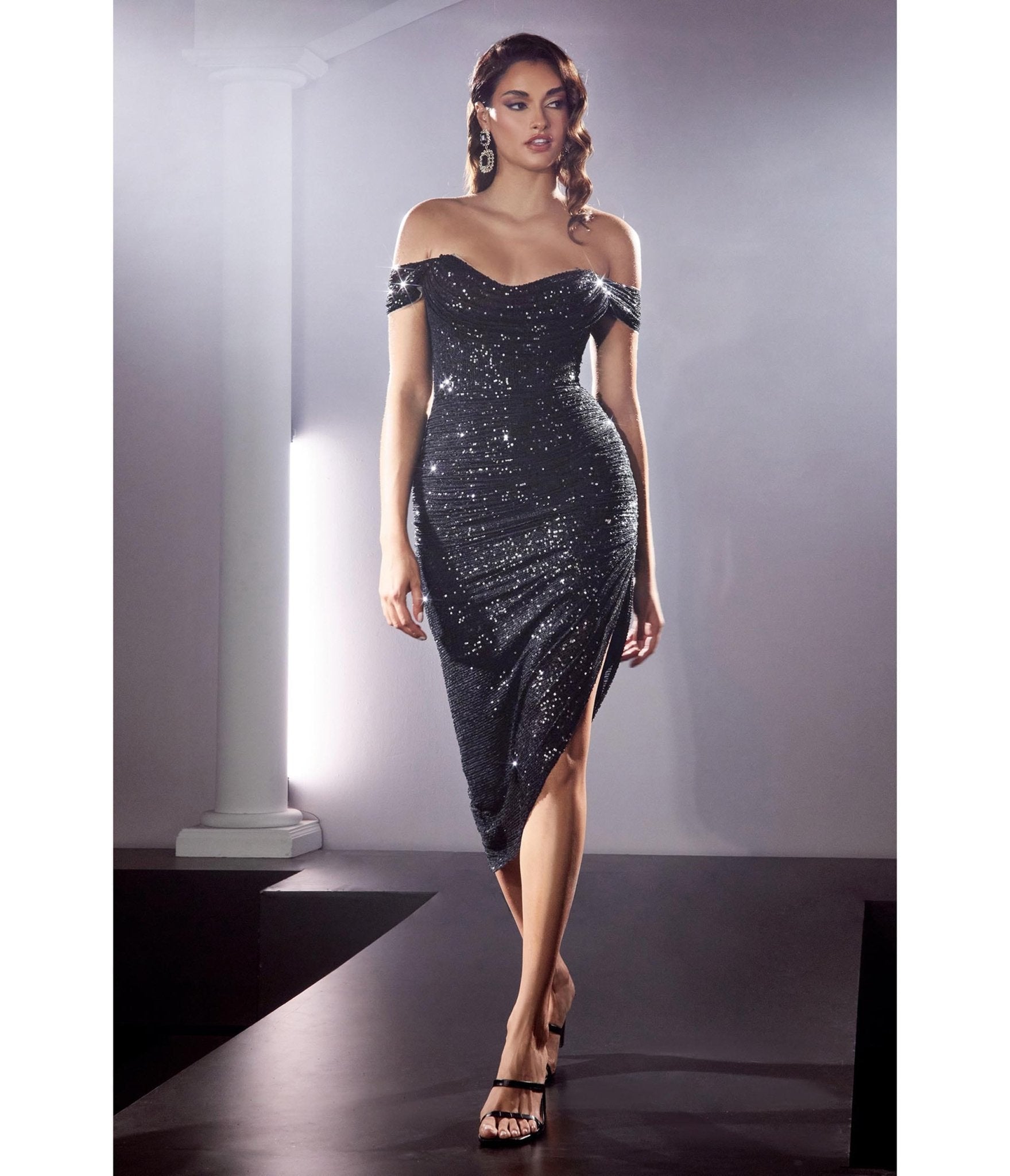 

Cinderella Divine Black Gathered Sequin Homecoming Dress