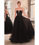 A-line V-neck Strapless Corset Waistline Tulle Plunging Neck Glittering Sequined Lace-Up Ball Gown Prom Dress