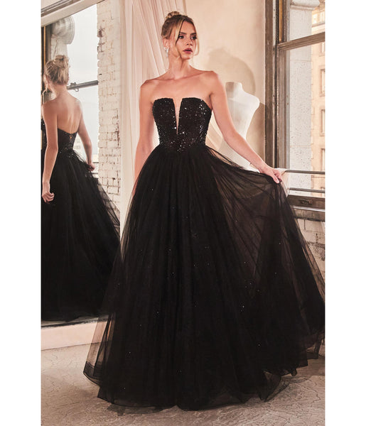 A-line V-neck Strapless Tulle Plunging Neck Corset Waistline Lace-Up Sequined Glittering Ball Gown Prom Dress