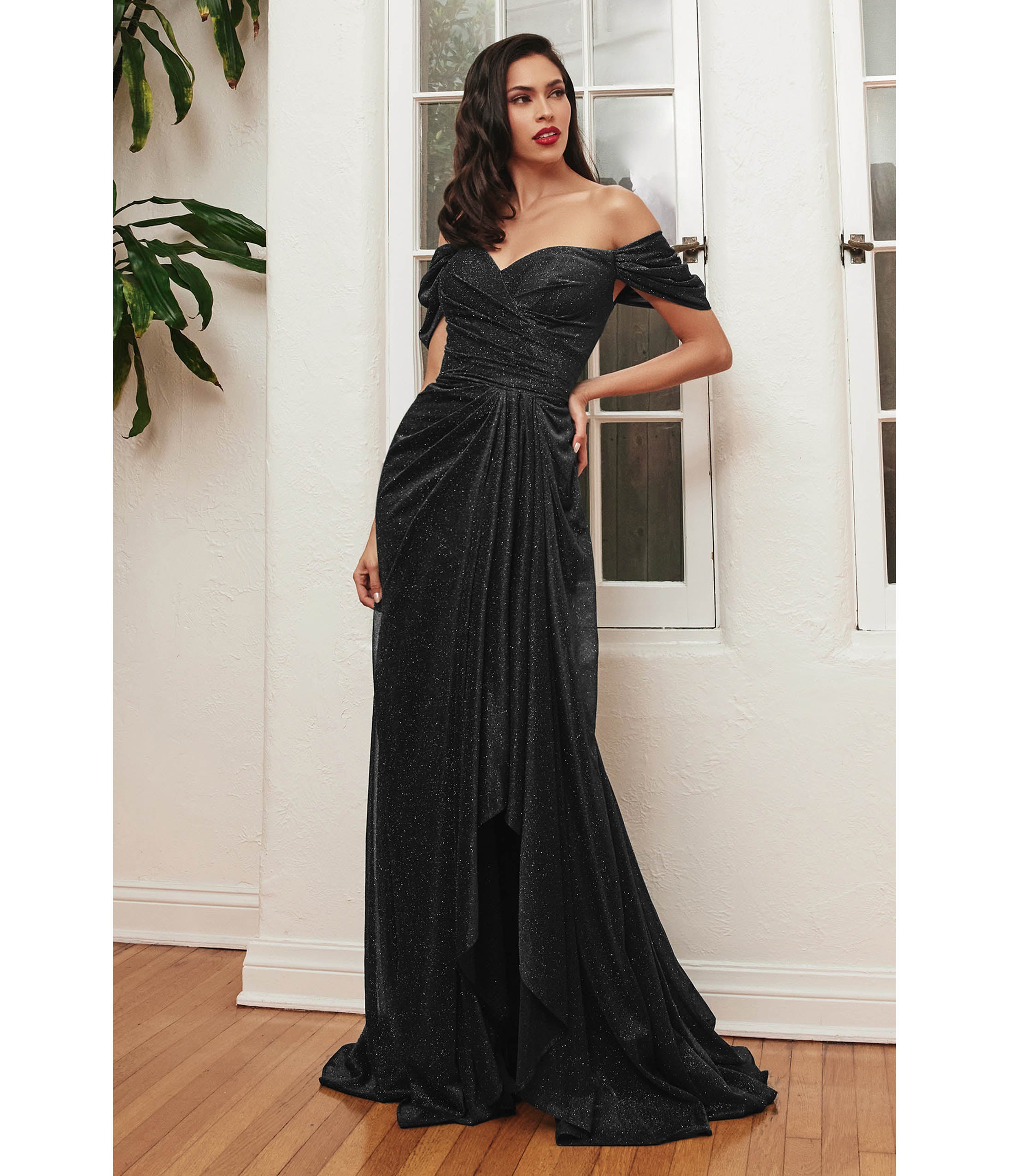 

Cinderella Divine Black Glitter Draped Off The Shoulder Prom Dress