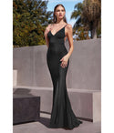 V-neck Floor Length Sleeveless Spaghetti Strap Open-Back Fitted Glittering Satin Evening Dress with a Brush/Sweep Train