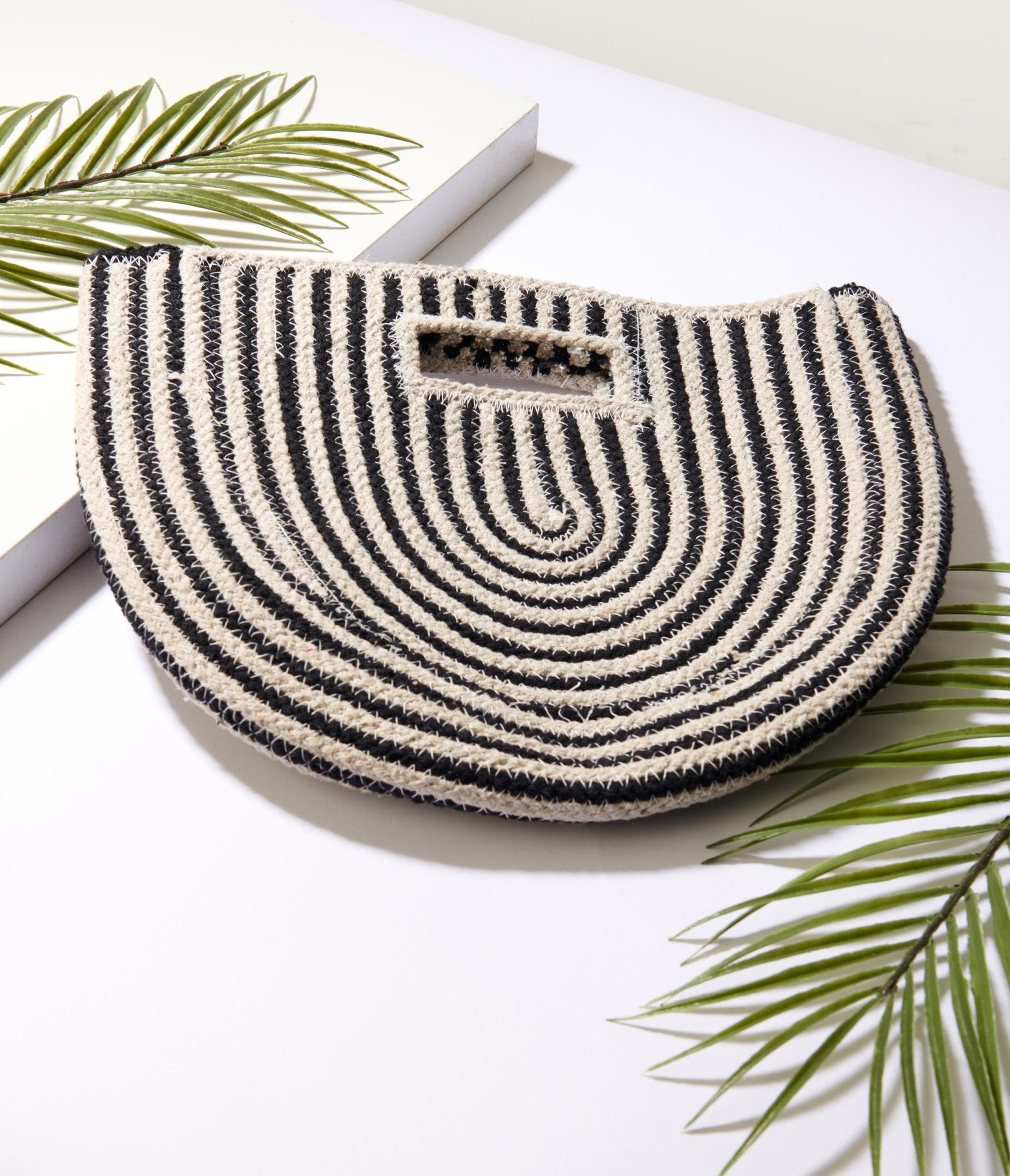 

Black & Ivory Striped Half Circle Handbag