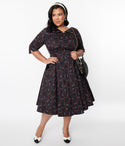 Pocketed Back Zipper Checkered Print Swing-Skirt Collared Dress