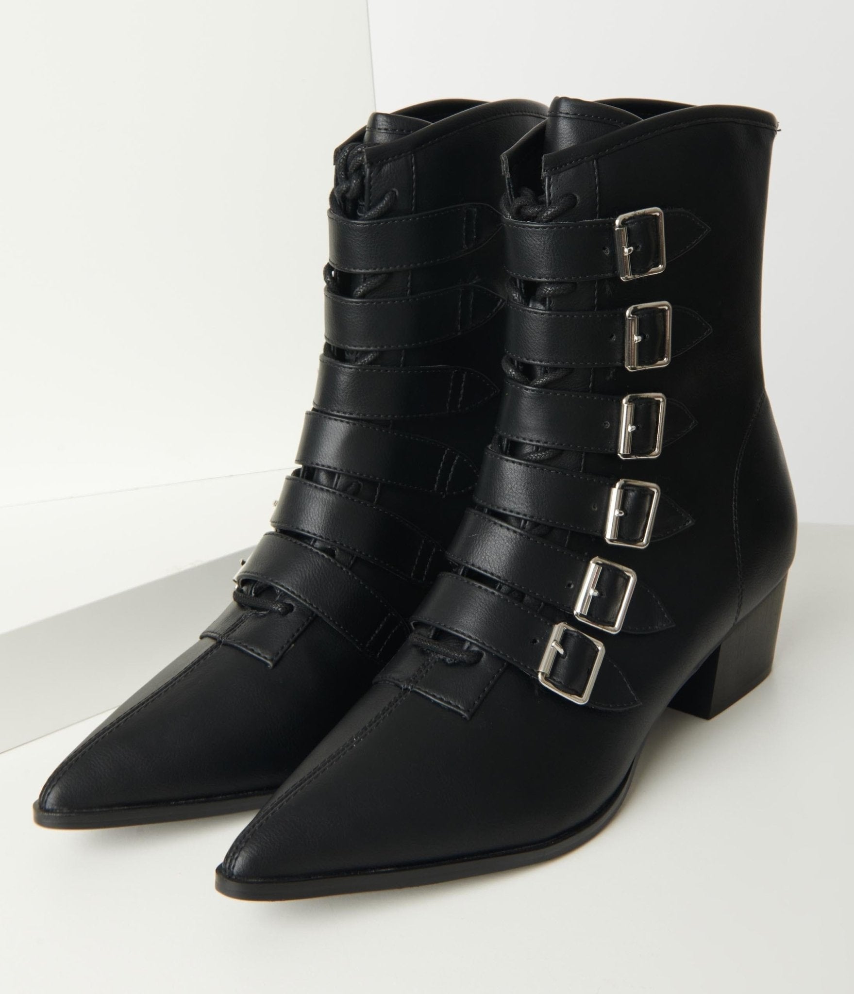 

Black Leatherette Buckle Coven Boots