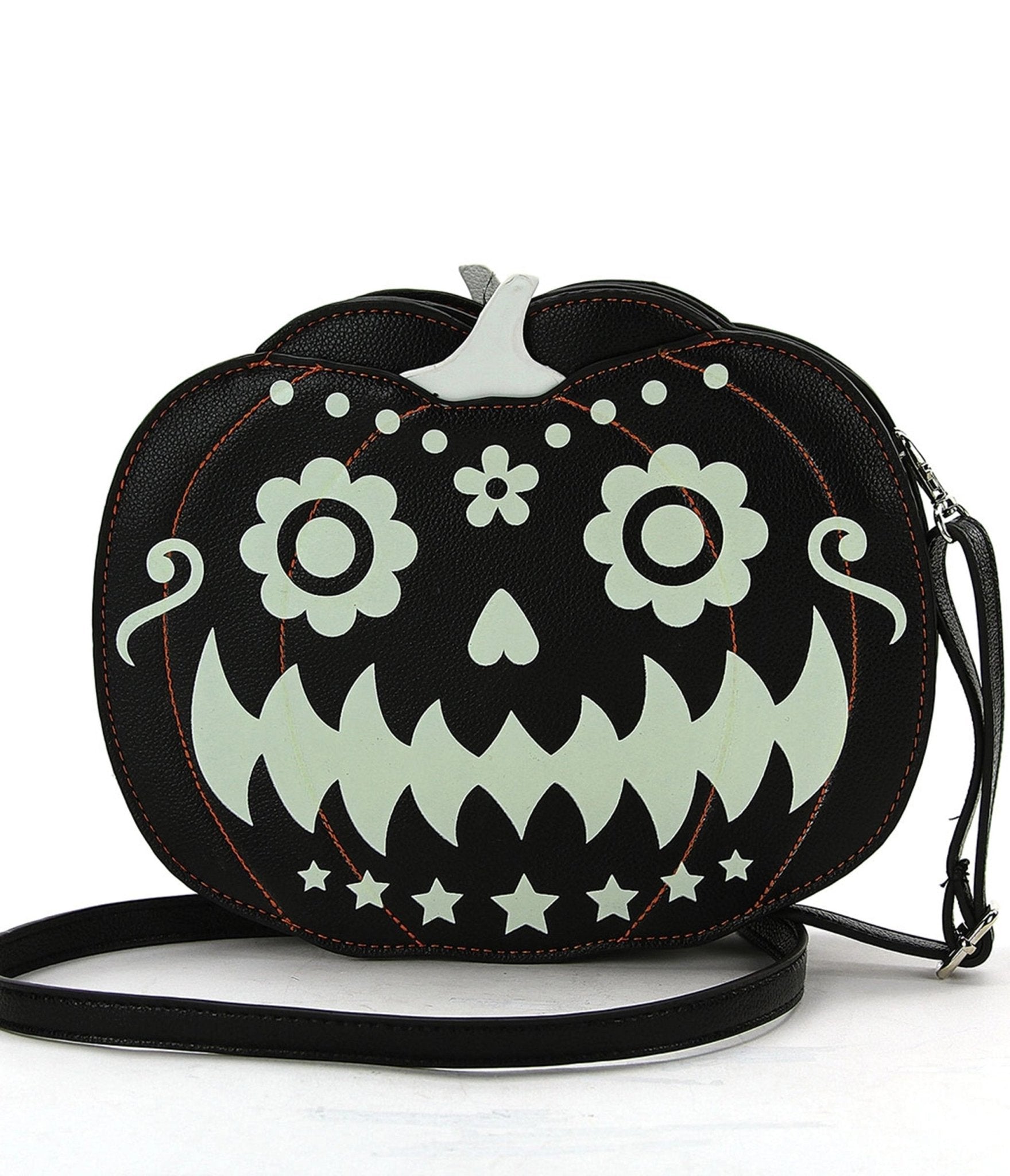 

Black Leatherette Glow In The Dark Jack O Lantern Crossbody Bag