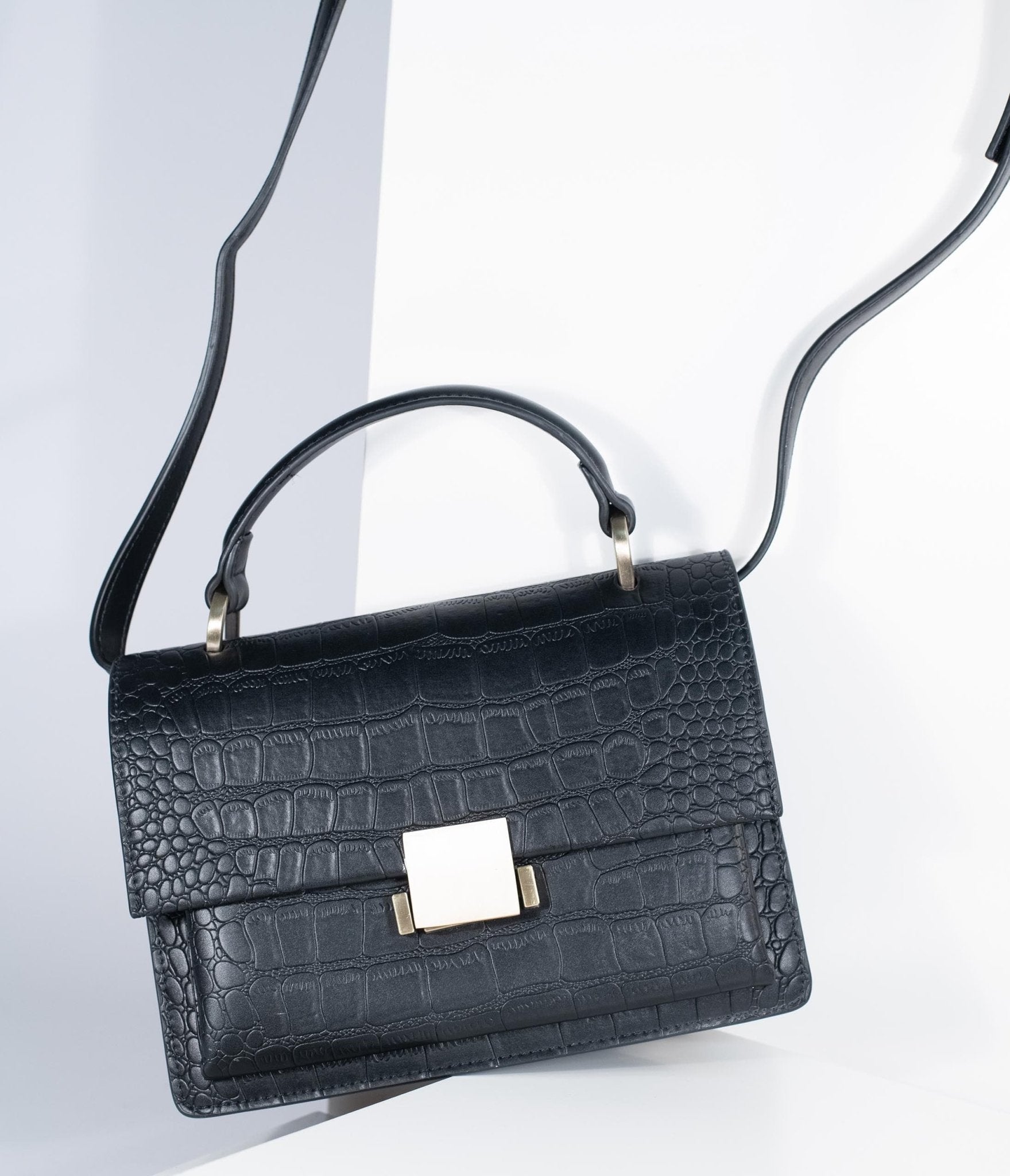 

Black Leatherette Reptile Embossed Handbag