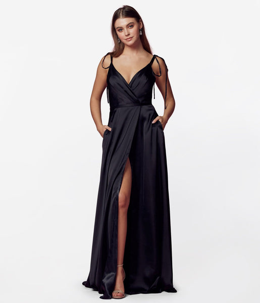 A-line V-neck Floor Length Satin Slit Faux Wrap Pleated Prom Dress With a Bow(s)