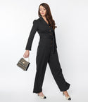 Collared Self Tie Button Front Elasticized Tie Waist Waistline Twill Long Sleeves Jumpsuit