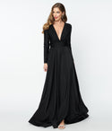 Sophisticated V-neck Goddess Draped Fitted Slit Back Zipper Long Sleeves Satin Maxi Dress