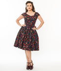 V-neck Short Pocketed Back Zipper Pleated Swing-Skirt Floral Print Cap Sleeves Dress