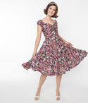 Swing-Skirt Short Fitted Self Tie Ruched Floral Print Sweetheart Dress