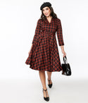 V-neck Swing-Skirt General Print Long Sleeves Pocketed Belted Back Zipper Elasticized Waistline Dress