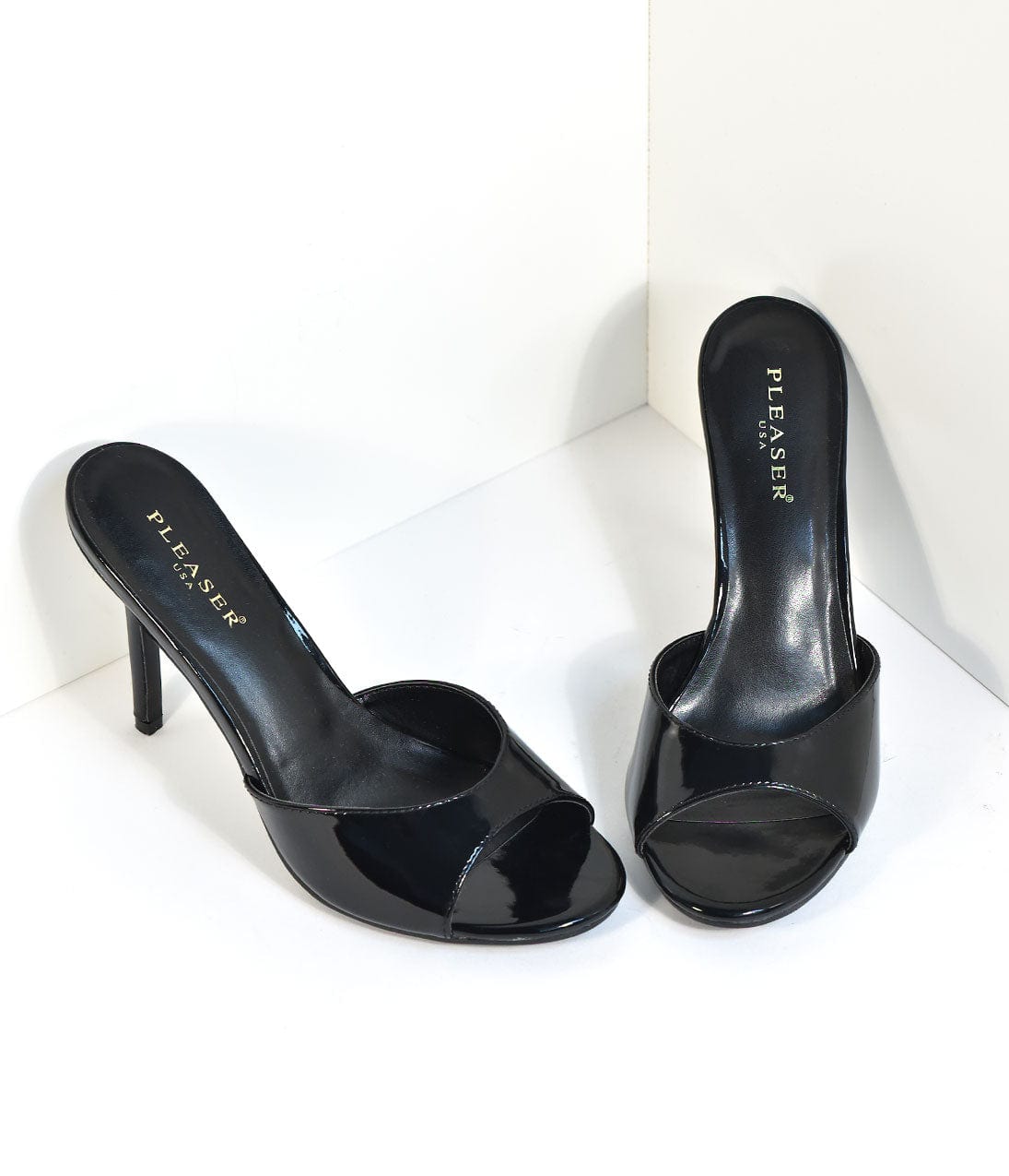 Image of Black Patent Leatherette Peep Toe Slip On Heels