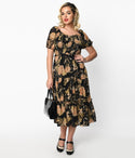 Chiffon Floral Print Puff Sleeves Sleeves Smocked Midi Dress