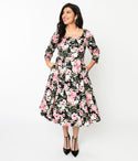 Back Zipper 3/4 Sleeves Swing-Skirt Square Neck Floral Print Dress