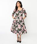 Square Neck Back Zipper 3/4 Sleeves Swing-Skirt Floral Print Dress