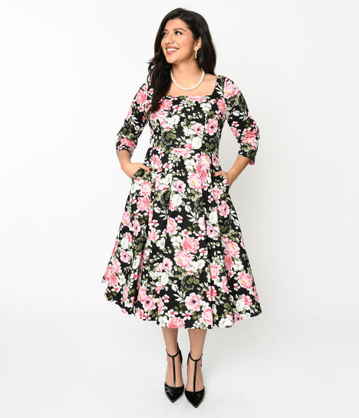 3/4 Sleeves Floral Print Swing-Skirt Back Zipper Square Neck Dress