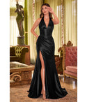 V-neck Corset Waistline Halter Plunging Neck Sleeveless Mermaid Slit Pleated Backless Satin Evening Dress with a Brush/Sweep Train