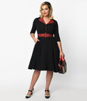 V-neck Elasticized Waistline Crepe Animal Leopard Print Back Zipper Pocketed Belted Fitted Swing-Skirt 3/4 Sleeves Dress