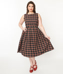 Sleeveless Swing-Skirt Belted Pocketed Back Zipper Plaid Print Scoop Neck Dress