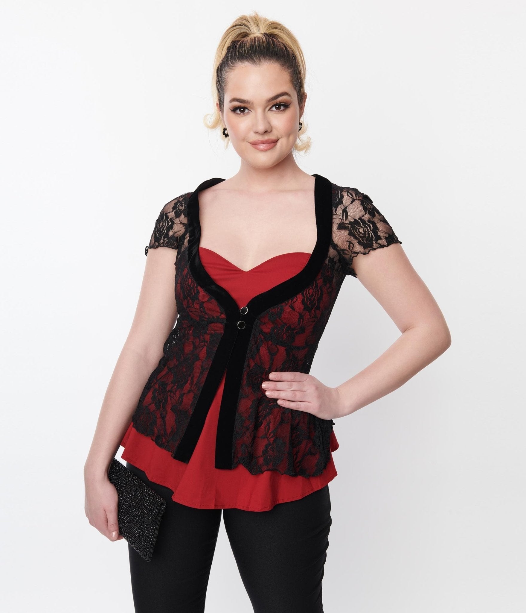 

Black & Red Rose Lace Top