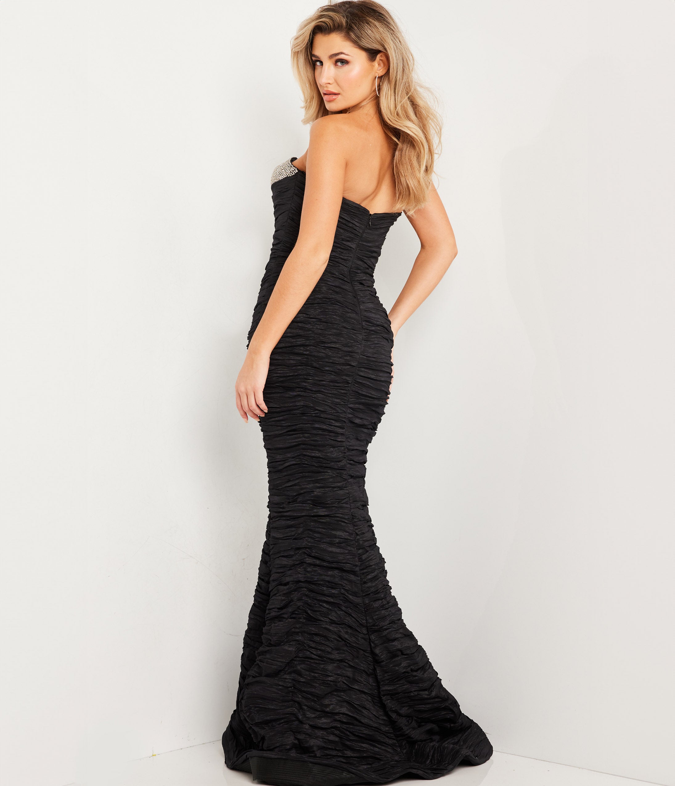 

Jovani Black Rhinestone Embellished Strapless Shirred Mermaid Prom Dress