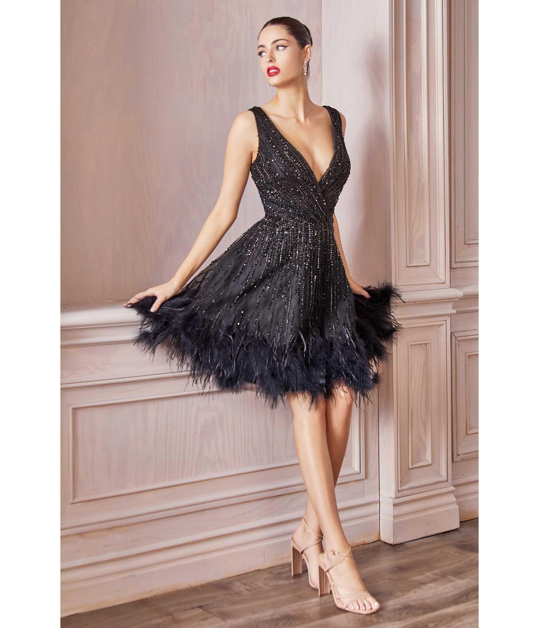 

Cinderella Divine Black Rhinestone & Feather Hem Bridesmaid Cocktail Dress