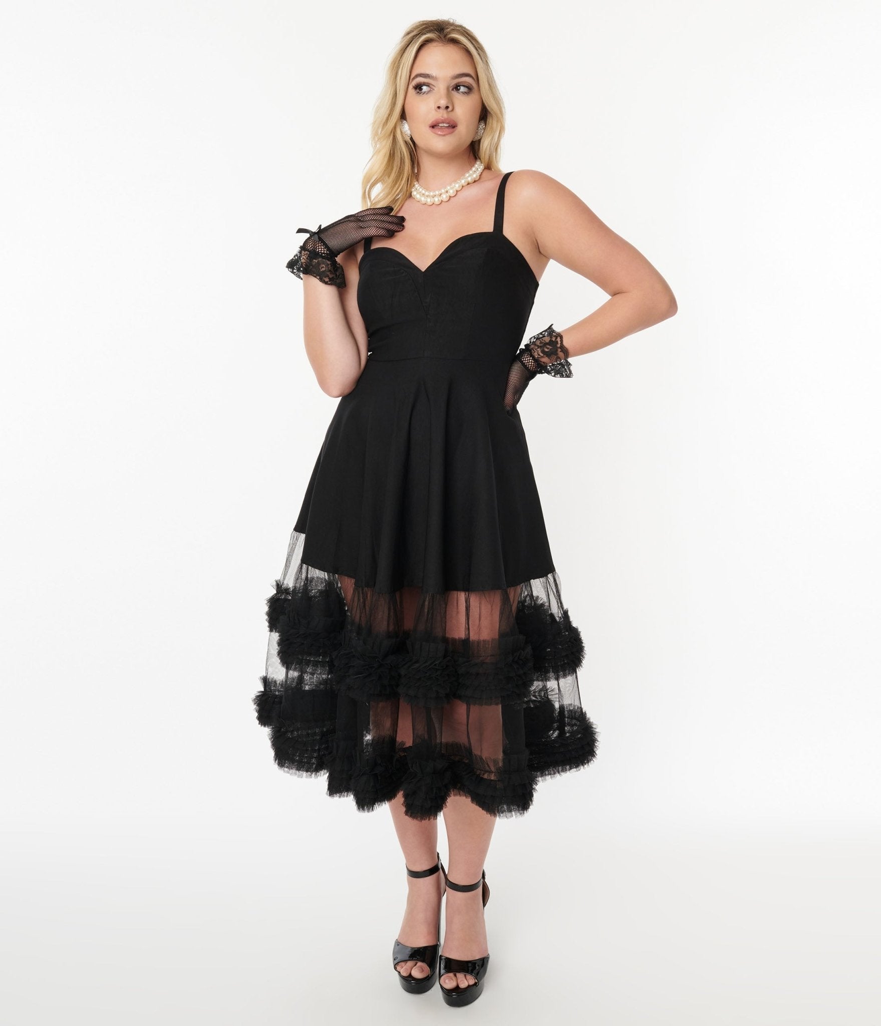 Plus Size] Black 1950s Spaghetti Strap Daisy Dress