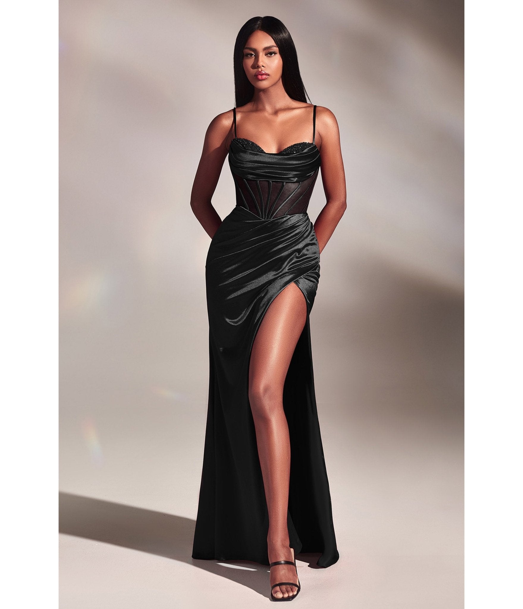 

Cinderella Divine Black Satin Beaded Draped Corset Prom Dress