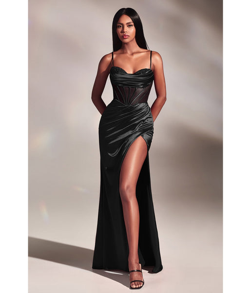 Sophisticated Floor Length Draped Beaded Illusion Slit Lace-Up Fitted Corset Waistline Spaghetti Strap Cowl Neck Sweetheart Satin Prom Dress with a Brush/Sweep Train