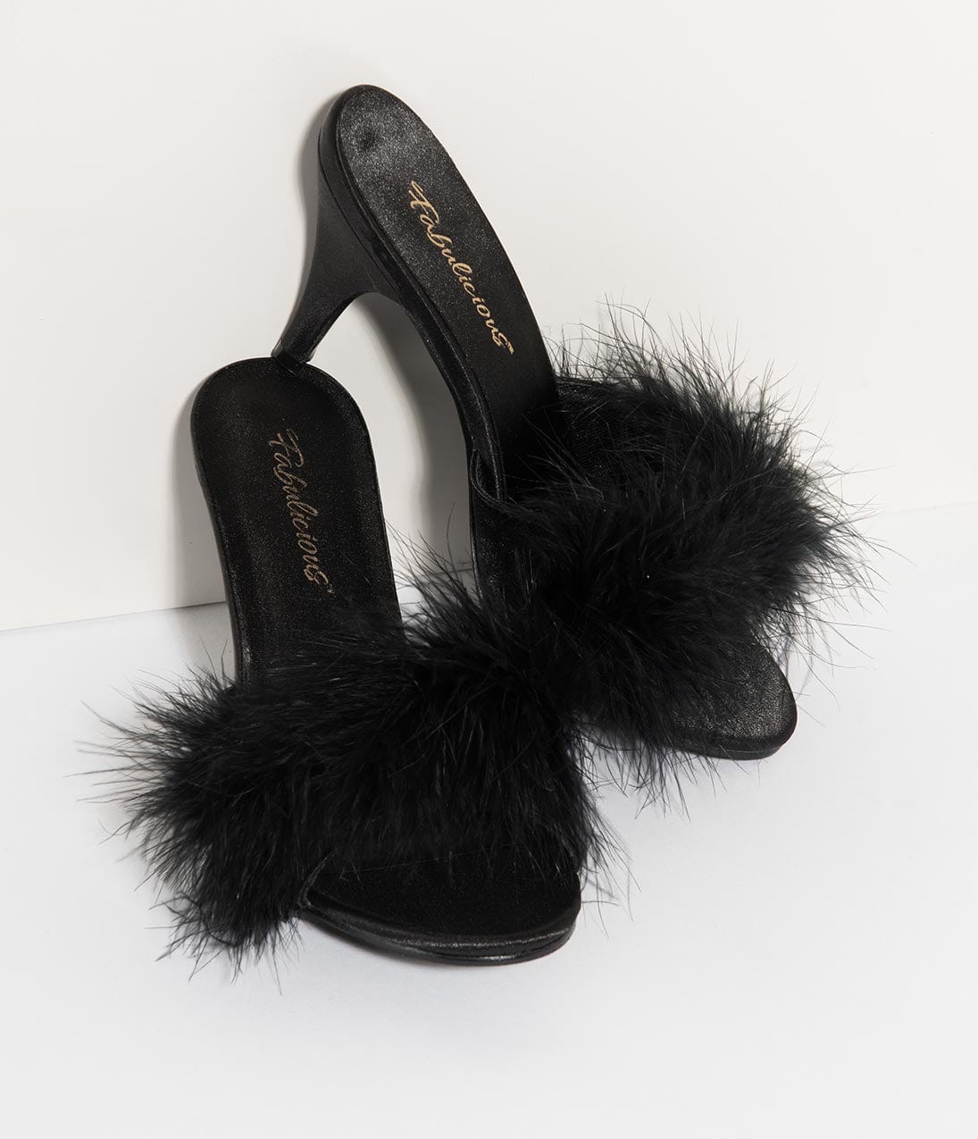 

Black Satin & Marabou Feather Peep Toe Amour Heel Slipper