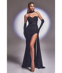 Sexy Strapless Satin Ruched Slit Draped Halter Prom Dress With a Sash