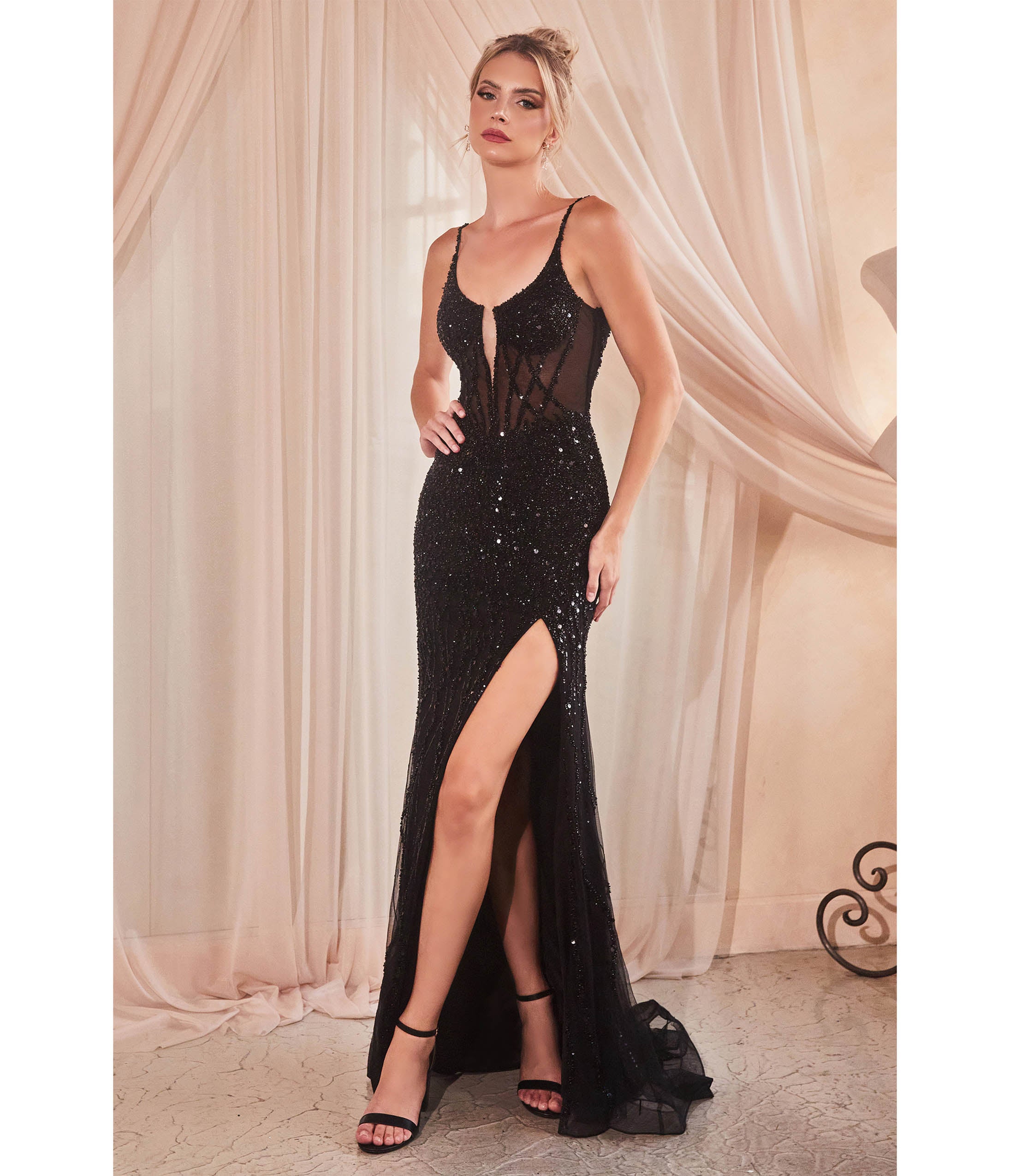 

Cinderella Divine Black Sequin Beaded High Slit Fitted Prom Gown