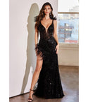 V-neck Floor Length Plunging Neck Sequined Slit Goddess Mesh Illusion Fitted Evening Dress with a Brush/Sweep Train