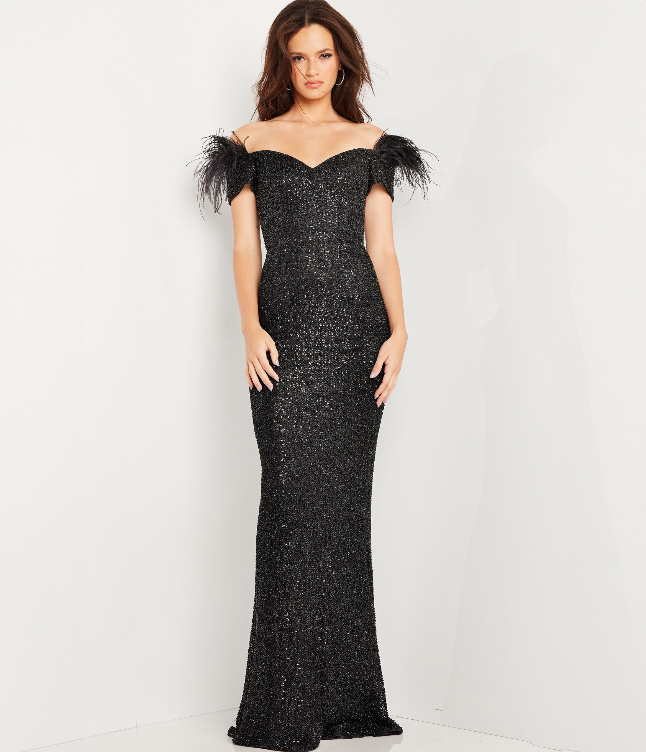 

Jovani Black Sequin & Feather Sheath Prom Gown