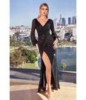 Sophisticated V-neck Long Sleeves Slit Gathered Sequined Evening Dress