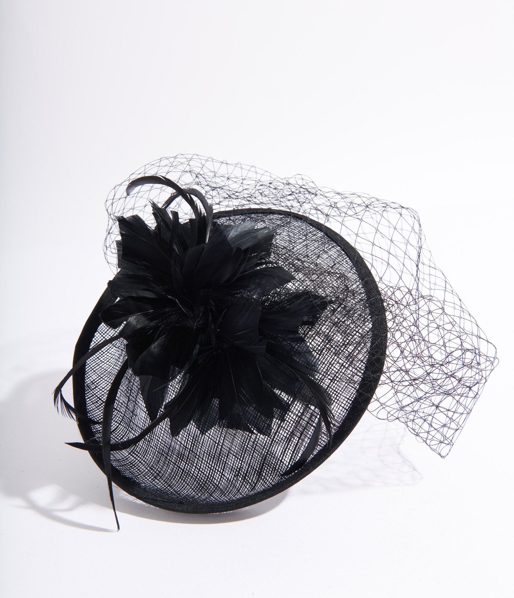 

Black Sinamay & Netted Floral Feather Fascinator