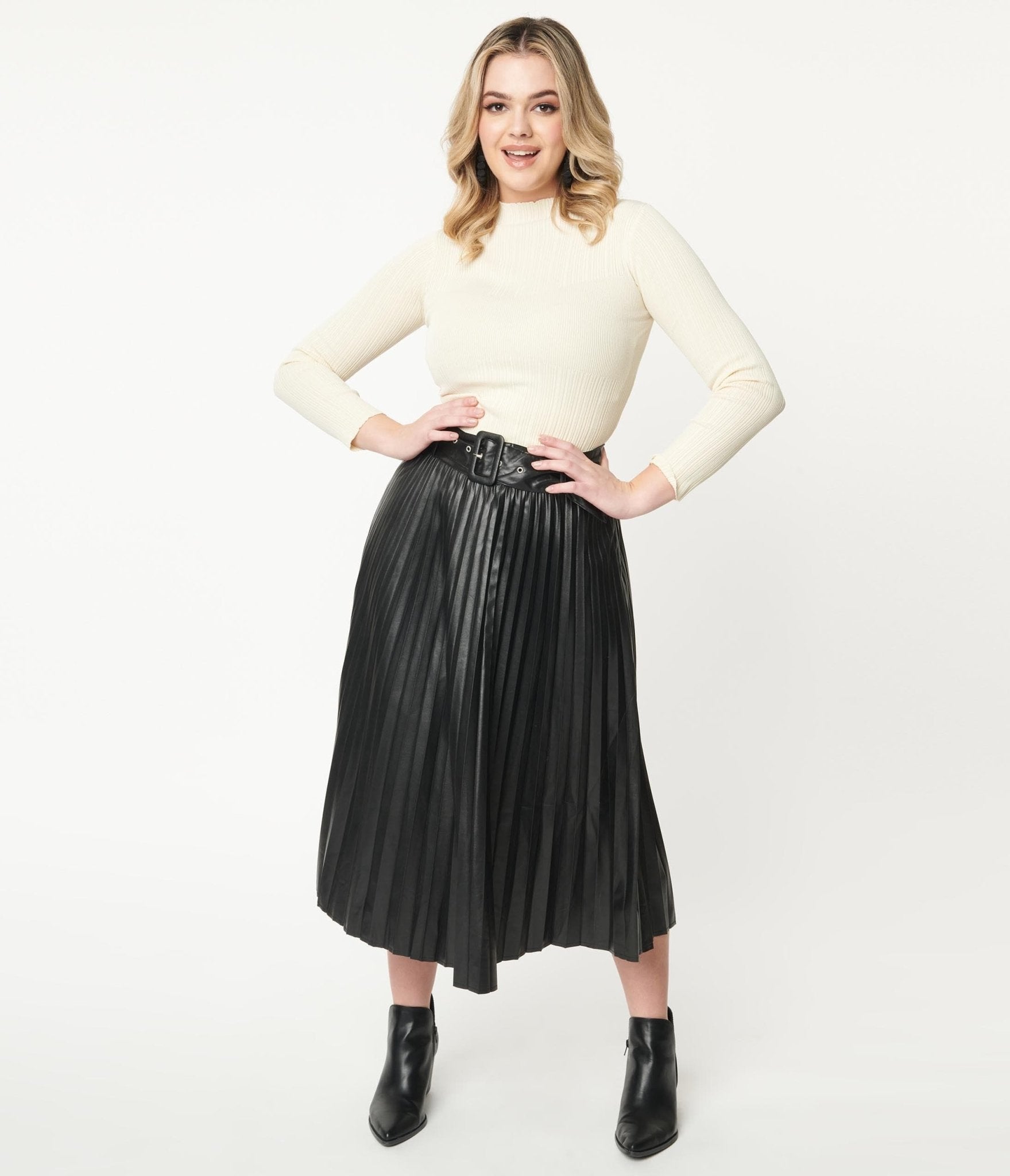 

Black Vegan Leather Belted Pleated Midi Skirt