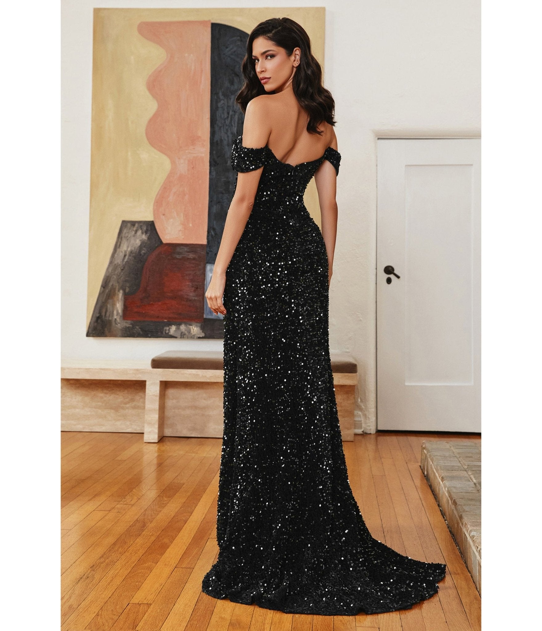 

Cinderella Divine Black Velvet Glittering Sequin Bridesmaid Gown