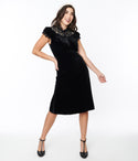 Velvet Shift Lace Trim Self Tie Keyhole Illusion Side Zipper Puff Sleeves Sleeves Midi Dress With a Ribbon