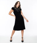 Velvet Lace Trim Shift Keyhole Illusion Self Tie Side Zipper Puff Sleeves Sleeves Midi Dress With a Ribbon