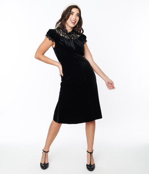 Puff Sleeves Sleeves Illusion Side Zipper Keyhole Self Tie Shift Lace Trim Velvet Midi Dress With a Ribbon