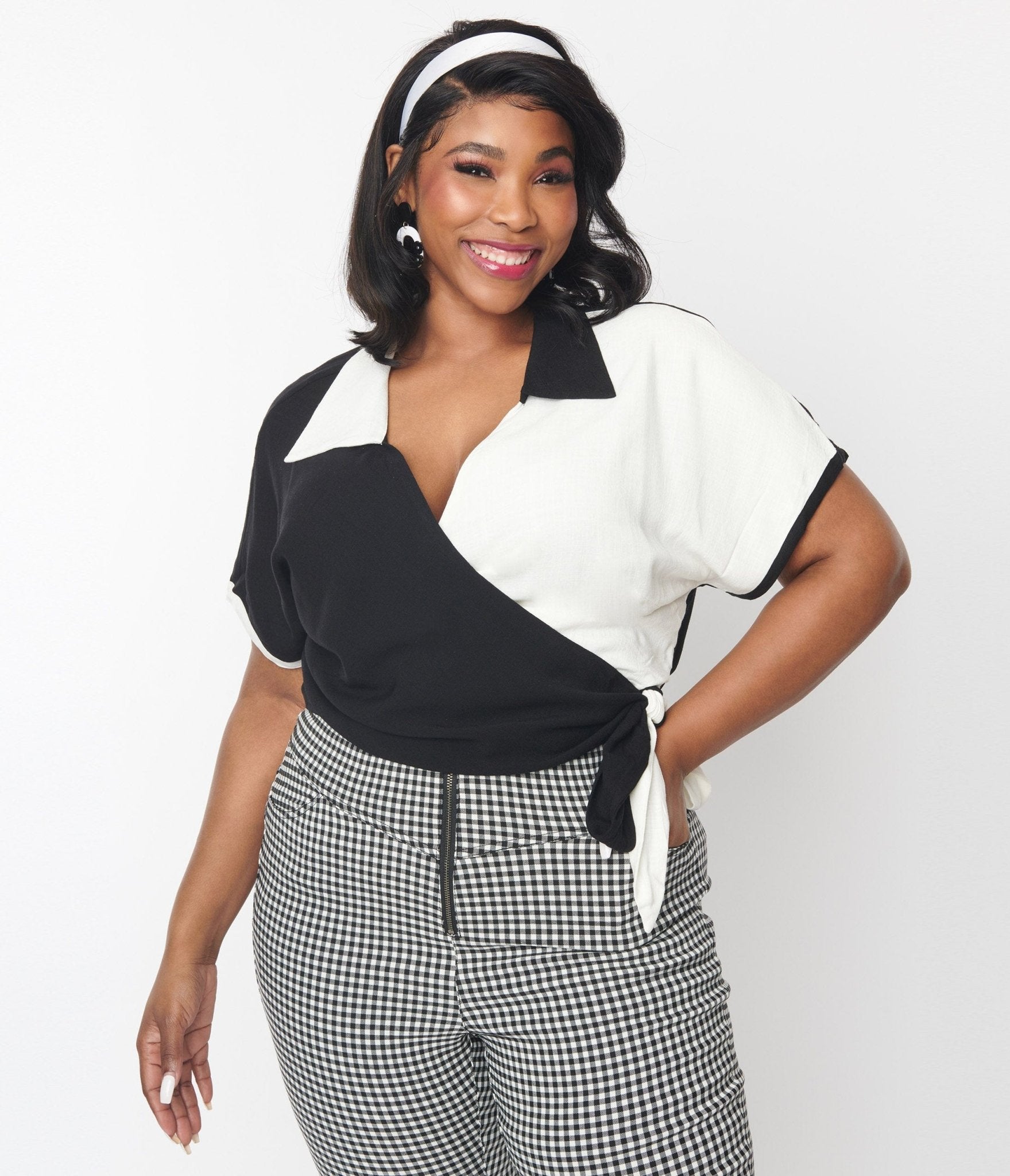 

Black & White Colorblock Bowler Wrap Top