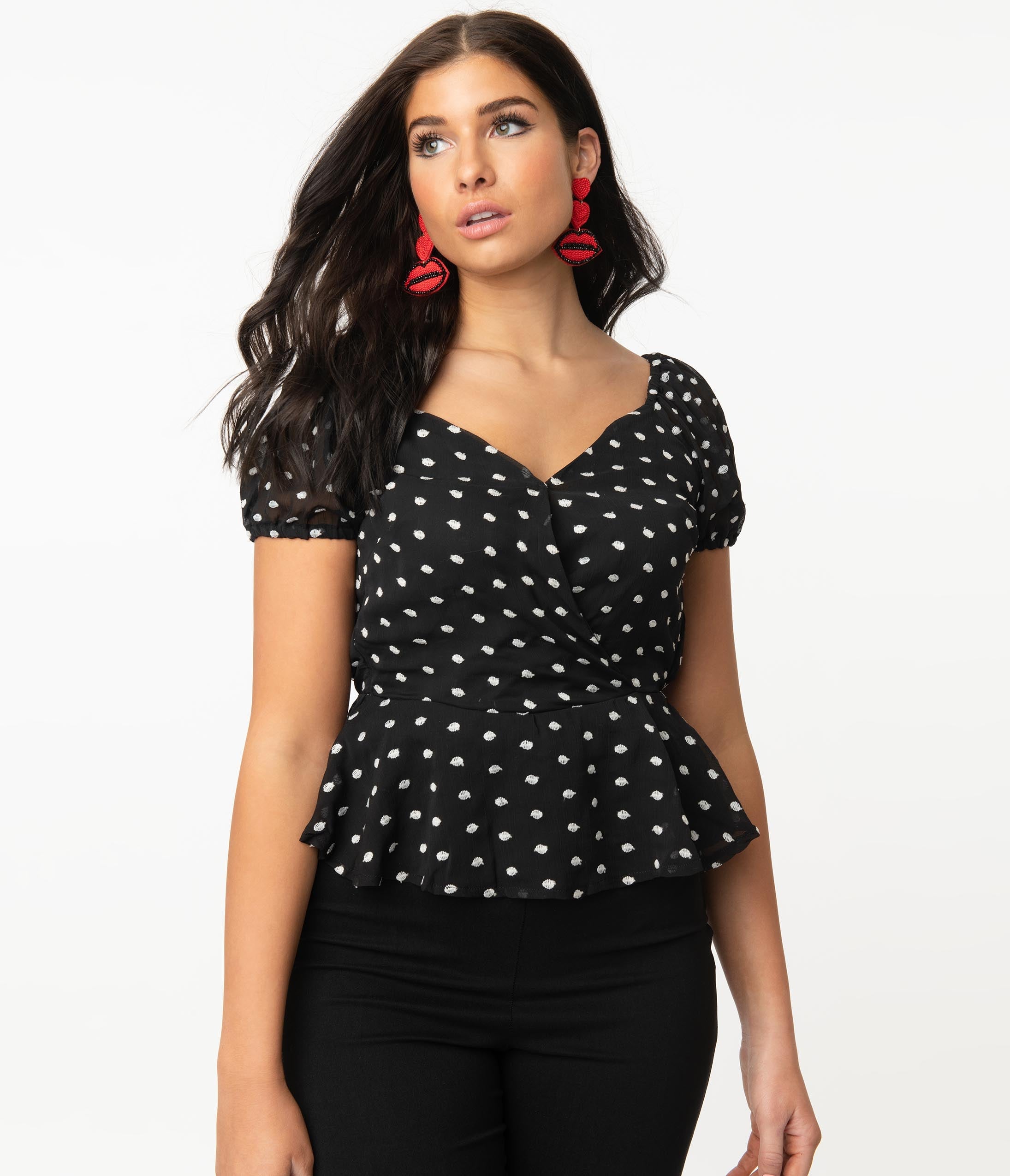 

Black & White Embroidered Polka Dots Peplum Blouse