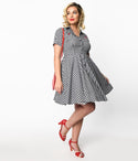 Button Front Self Tie Pocketed Checkered Gingham Print Swing-Skirt Collared Short Sleeves Sleeves Tie Waist Waistline Dress