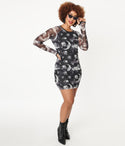 Long Sleeves Scoop Neck General Print Cutout Mesh Bodycon Dress