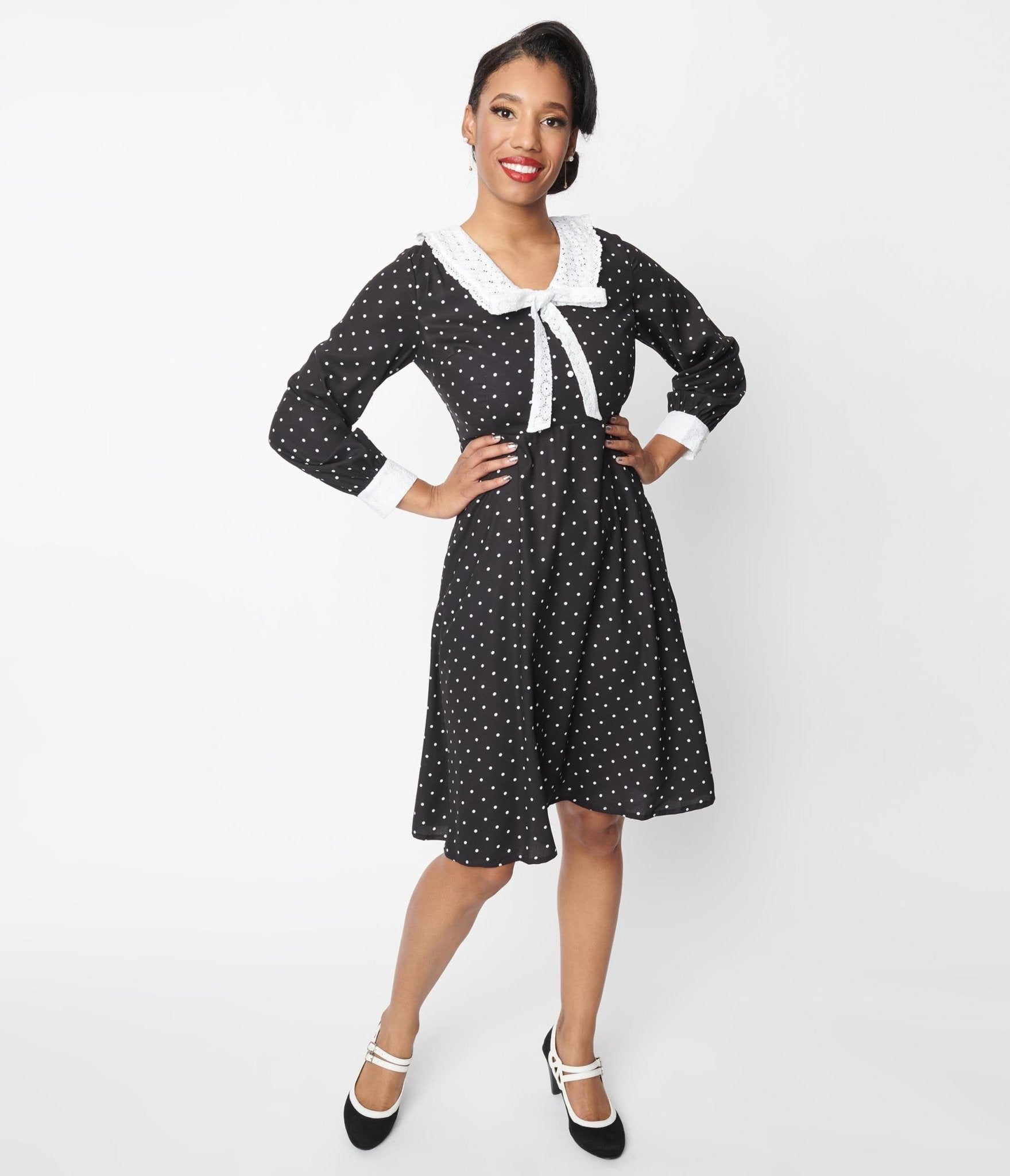 

1940S Black & White Polka Dot Bow Swing Dress