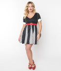 V-neck Side Zipper Pleated Belted Polka Dots Print Knit Elasticized Waistline Short Dress