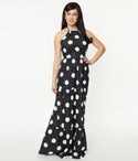 Satin Self Tie Back Zipper Banding Tiered Halter Sleeveless Polka Dots Print Maxi Dress